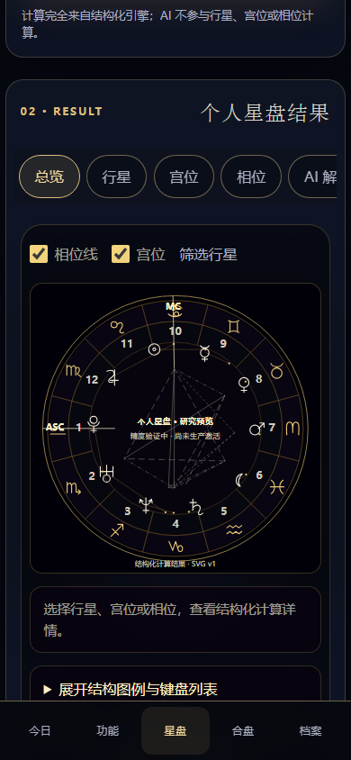 APP 私人预览中的脱敏个人星盘结构页面